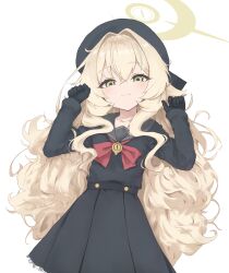  1girl :3 black_gloves black_serafuku black_shirt black_skirt blonde_hair blue_archive blush bow chest_bow clenched_hands closed_mouth collarbone commentary fluffy_hair frilled_skirt frills gloves green_eyes grey_sailor_collar hair_between_eyes hair_intakes hair_spread_out halo hands_up hat highres long_hair long_sleeves looking_at_viewer lying on_back pleated_skirt professor_niyaniya_(blue_archive) red_bow sailor_collar school_uniform serafuku shirt sidelocks simple_background skirt smile smug solo toiuwake8140 very_long_hair white_background yellow_halo 