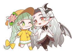  2girls :3 :d ;3 black_bow black_bowtie black_pantyhose blunt_bangs blush_stickers boots bow bowtie braid brown_hat chibi chibi_only closed_mouth commentary_request dragon_girl dragon_horns dragon_wings dress earrings eye_contact fang flower full_body green_eyes green_hair grey_hair grey_shoes hair_bow hair_ornament hairclip hat hat_flower holding_hands hood hood_down horns jewelry long_hair long_sleeves looking_at_another multiple_girls one_eye_closed open_mouth pantyhose parallel_hairclips parted_bangs pink_flower pointy_ears quasar631 raincoat red_eyes shoes simple_background single_braid smile standing standing_on_one_leg thick_eyebrows trickcal ui_(trickcal) very_long_hair vivi_(trickcal) white_background white_dress wide_sleeves wings yellow_boots yellow_bow yellow_raincoat 