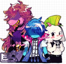  1boy 1girl 1other androgynous artist_name belt black_belt black_choker black_pants black_vest blue_jacket blue_skin blush blush_stickers breasts brown_eyes choker colored_skin colored_teeth commentary_request cowboy_shot cropped_shirt deltarune fang furry furry_female furry_male goat_boy green_hair grey_pants grid_background horns jacket kris_(dark_world)_(deltarune) kris_(deltarune) kris_(lightners_live)_(deltarune) long_hair looking_at_viewer loose_hair_strand medium_breasts messy_hair mohawk multicolored_hair multicolored_jacket mystical_high_collar no_eyes nose_blush official_alternate_costume official_alternate_hairstyle pants parted_hair pink_horns pink_jacket pink_skin purple_hair purple_shirt ralsei ralsei_(lightners_live) repikinoko reptile_girl shaded_face sharp_teeth shirt short_hair signature skull_choker sleeveless sleeveless_jacket snout sparkling_clothes streaked_hair studded_choker studs susie_(dark_world)_(deltarune) susie_(deltarune) susie_(lightners_live)_(deltarune) teeth tongue tongue_out torn_clothes torn_shirt torn_sleeves twitter_username two-tone_hair two-tone_jacket utdr_(toby_fox) vest watermark white_background white_fur white_shirt white_streaks yellow_teeth 