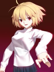  1girl :d absurdres antenna_hair arcueid_brunestud arm_at_side blonde_hair blue_skirt gradient_background hair_between_eyes hand_up highres kizzif0012 looking_at_viewer miniskirt open_mouth pale_skin plaid_clothes plaid_skirt red_background red_eyes short_hair sidelocks single_hair_intake skirt smile solo sweater tsukihime tsukihime_(remake) turtleneck turtleneck_sweater upper_body white_sweater 