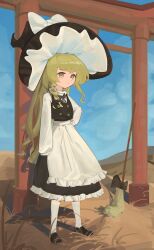  1girl absurdres apron black_hat black_shoes black_skirt black_vest blonde_hair blue_sky bow braid broom commentary day dong_gua_hater full_body hair_bow hand_on_own_hip hat hat_bow highres kirisame_marisa long_hair long_sleeves looking_at_viewer outdoors shoes side_braid single_braid skirt sky socks solo torii touhou vest waist_apron white_apron white_bow white_socks witch_hat yellow_eyes 
