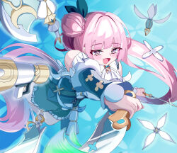  1girl bare_shoulders black_shorts breasts chair clothing_cutout commentary_request cup dagger detached_sleeves dual_wielding eleanor_(stella_sora) flower frilled_shirt_collar frilled_shorts frills garden gradient_eyes hair_between_eyes hair_bun hair_intakes hair_ornament highres holding holding_dagger holding_knife holding_weapon knife large_breasts long_hair long_sleeves multicolored_eyes open_mouth outdoors pink_eyes pink_hair ris_guumy shirt shorts shoulder_cutout single_bare_leg single_thighhigh smile solo sparkle stella_sora thigh-highs thighs very_long_hair violet_eyes weapon white_shirt white_thighhighs 