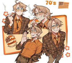  1970s_(style) 1boy america_(hetalia) american_flag axis_powers_hetalia blonde_hair blue_eyes blush cigarette closed_mouth collared_shirt confident english_text fawken flower highres jacket looking_at_viewer male_focus multiple_views orange_shirt orange_theme retro_artstyle shirt smile smoking solo sunglasses tinted_eyewear 