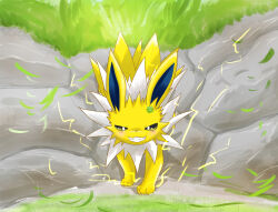  black_eyes blush bright_pupils clover commentary_request electricity grass highres jolteon kurorin_(black20150927) looking_at_viewer no_humans open_mouth pokemon pokemon_(creature) pokemon_focus rock smile solo teeth white_fur white_pupils yellow_fur 