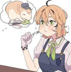  1girl addendium blonde_hair blue_overalls blush chewing closed_eyes commentary dooby dooby_(jerboa) eating english_commentary fork gloves goggles goggles_on_head green_eyes green_neckerchief hat highres holding holding_fork indie_virtual_youtuber jerboa jerboa_tail multicolored_hair neckerchief overalls peaked_cap shirt short_hair solo streaked_hair table virtual_youtuber whistle white_background white_gloves white_shirt 