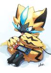  1other animal_ears animal_feet animal_hands animal_nose artist_name black_fur blue_background blue_eyes blush body_fur cable cat_ears cat_tail claws commentary full_body furry handheld_game_console hands_up highres ikei knees_apart_feet_together licking licking_finger light_blush looking_down nintendo_switch other_focus pawpads playing_games pokemon pokemon_(creature) signature simple_background sitting solo tail tongue tongue_out two-tone_fur whiskers yellow_fur zeraora 