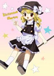  1girl apron back_bow black_hat black_shoes black_skirt black_vest blonde_hair blush bow braid broom character_name commentary_request frilled_skirt frills gradient_background hair_bow hat hat_bow highres holding holding_broom kirisame_marisa long_hair looking_at_viewer official_style open_mouth pink_background puffy_short_sleeves puffy_sleeves red_eyes shoes short_sleeves side_braid single_braid skirt smile socks solo touhou vest waist_apron white_apron white_bow white_socks witch_hat yamadainari yellow_background zun_(style) 
