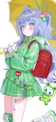  1girl :o ahoge alt_text backpack bag blue_eyes blue_hair blush_stickers bone_hair_ornament commentary_request cowboy_shot double-parted_bangs double_horizontal_stripe ear_piercing gloves green_jacket green_skirt hair_between_eyes hair_intakes hair_ornament highres holding holding_umbrella hood hood_down hooded_jacket jacket knee_pads long_hair long_sleeves miniskirt name_tag natonyanya one_side_up open_mouth piercing pleated_skirt rainbow_hair_ornament randoseru red_bag sidelocks simple_background skirt socks solo star_(symbol) star_hair_ornament track_jacket umbrella vertical-striped_sleeves virtual_youtuber vspo! white_background white_gloves white_socks yano_kuromu yano_kuromu_(3rd_costume) yellow_umbrella 