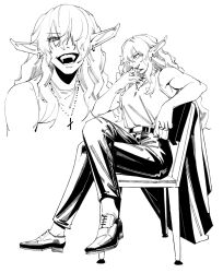  1girl absurdres cigarette cigarette_pack commentary contemporary crossed_legs earrings fangs greyscale harris_hero highres ish_the_tyrant jacket jewelry long_hair looking_at_viewer monochrome multiple_views necklace original pants pointy_ears shoes smoking unworn_jacket 
