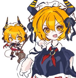  1girl 2fcfb3 absurdres apron black_dress blonde_hair blush bow chibi commentary demon_girl demon_horns demon_tail demon_wings don_quixote_(project_moon) dress frills highres holding horns limbus_company looking_at_viewer maid maid_apron maid_headdress open_mouth project_moon puffy_sleeves short_hair simple_background smile solo tail untranslatable_commentary white_apron wings yellow_eyes 