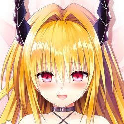  1girl :d bare_shoulders belt belt_collar black_belt black_horns blonde_hair blush collar commentary_request criss-cross_halter dakimakura_(medium) demon_girl demon_horns eyes_visible_through_hair hair_between_eyes halterneck horns konjiki_no_yami konjiki_no_yami_(darkness_mode) long_hair looking_at_viewer official_alternate_costume open_mouth portrait red_eyes sakura_misaki_(sakura_densetsu) sidelocks smile solo straight_hair sweatdrop to_love-ru to_love-ru_darkness 