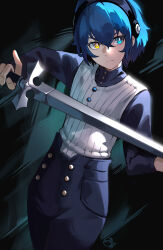  1boy backlighting black_hairband black_pants blue_eyes blue_hair bright_pupils buttons cowboy_shot dark_background hairband heterochromia high-waist_pants highres holding holding_sword holding_weapon lo_kyu long_sleeves looking_to_the_side male_focus metaphor:_refantazio pants protagonist_(metaphor:_refantazio) shirt short_hair simple_background solo sword tan turtleneck turtleneck_shirt vest weapon white_vest yellow_eyes 