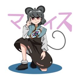 1girl ahoge animal_ears avian_zebra black_shoes black_skirt black_vest bloomers blue_capelet capelet closed_mouth commentary english_commentary full_body grey_hair highres japanese_text long_sleeves looking_at_viewer mouse_ears mouse_girl mouse_tail nazrin on_one_knee red_eyes shirt shoes skirt smile socks solo tail touhou translation_request vest white_bloomers white_shirt white_socks
