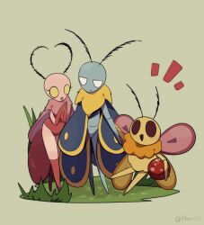  1girl 2boys :d a-nya abdomen_tail antennae ball blue_skin blue_wings bug bug_fables carrying carrying_under_arm child colored_skin commentary_request furry grass green_background hand_up hands_up holding holding_ball leif_(bug_fables) moth moth_antennae mother_and_child mother_and_son multiple_boys muze_(bug_fables) neck_fur notice_lines open_mouth own_hands_together parent_and_child parted_lips pink_skin pink_wings red_eyes small_sweatdrop smile standing tod_(bug_fables) white_eyes wings yellow_eyes yellow_skin yellow_wings 