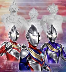  3boys absurdres alien arrow_(symbol) blue_background bluesky_username clenched_hands color_timer colored_skin commentary compound_eyes cropped_torso crystal dorsal_fin fighting_stance forehead_jewel form_change from_below giant giant_male glowing glowing_eyes gradient_background hands_up hanejidyna86 highres looking_ahead male_focus multicolored_skin multiple_boys multiple_views muscular muscular_male no_pupils patterned_background pectorals pointy_ears purple_skin pyramid_(geometry) red_background red_skin side-by-side silver_skin statue tokusatsu toned toned_male two-tone_background two-tone_skin ultra-ancient_giants_of_light_statues ultra_series ultraman_tiga ultraman_tiga_(multi_type) ultraman_tiga_(power_type) ultraman_tiga_(series) ultraman_tiga_(sky_type) white_eyes wrinkled_skin 