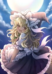 1girl apron araragi_uminya back_bow black_hat black_skirt black_vest blonde_hair bow braid clouds commentary_request frilled_skirt frills full_moon green_bow hair_bow hat hat_bow highres kirisame_marisa long_hair looking_at_viewer moon night open_mouth puffy_short_sleeves puffy_sleeves short_sleeves side_braid single_braid skirt smile solo touhou vest waist_apron white_apron white_bow witch_hat yellow_eyes 