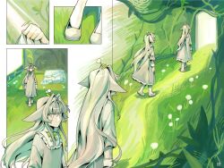  1girl aeternus bed colored_sclera colored_skin dandelion dandelion_clock doorway dress flower goomyloid grass grey_hair grey_sclera grey_skin highres indoors long_hair nature plant shoes socks very_long_hair vines walking white_eyes window 