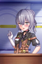  ... 1girl artist_name black_shirt braid braided_base bronya_zaychik bronya_zaychik_(haxxor_bunny) bronya_zaychik_(old_times) brown_overalls bun_with_braided_base character_name commentary english_commentary gloves grey_eyes grey_hair hair_between_eyes hair_bun hand_on_own_hip hand_up highres honkai_(series) honkai_impact_3rd id_card indoors jitome looking_at_screen necktie overalls puffy_short_sleeves puffy_sleeves shirt short_hair short_sleeves sidelocks signature single_hair_bun solo standing strap_slip textless_version triangle_mouth upper_body video_game_dialogue_box white_gloves zero130rider 