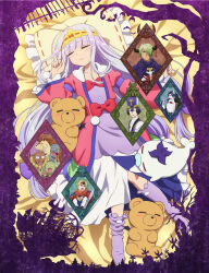  1girl 6+boys :d :o animal_ears artist_request aurora_sya_lis_kaymin bed_sheet black_hair blonde_hair blue_eyes blue_trim blunt_bangs bow castle_grunt_goblin clenched_hand clerical_collar cloak closed_eyes closed_mouth coat collarbone creature cross cross_necklace curled_horns dawner_the_hero demon_boy demon_cleric demon_horns demon_king_tasogare dress eggplant_seal frankenzombie frilled_pillow frills from_above full_body goat_ears goat_horns green_hair hand_up haritoge_majiro head_on_pillow headband highres holding holding_sword holding_weapon hood hood_down hooded_cloak horns jewelry key_visual kneehighs light_blush long_hair long_sleeves lying maou-jou_de_oyasumi minotauros_(maou-jou_de_oyasumi) multiple_boys necklace official_art on_back on_bed open_mouth pillow pink_coat pointy_ears promotional_art purple_cloak purple_dress purple_hair purple_socks red_bow red_siberian-kai robe second-party_source shirt short_hair shouting sleeping smile socks sword teddy_demon teeth upper_teeth_only v very_long_hair weapon white_dress white_robe white_shirt yellow_headband 