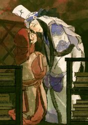  2girls absurdres black_fur black_hair book bookshelf boqta boraqchin_(tenmaku_no_jaadugar) chinese_commentary commentary_request deel facing_another full_body fur-trimmed_robe fur_trim grey_hair highres hijab holding holding_book indoors iranian_clothes kneeling layered_clothes long_sleeves looking_at_another mai_kajing mongolian_clothes multiple_girls old old_woman open_clothes open_robe red_hijab robe sash sitara sleeves_past_fingers sleeves_past_wrists standing sweat tenmaku_no_jaadugar 