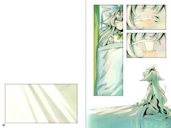  1girl aeternus bed blanket blush close-up colored_eyelashes colored_sclera colored_skin dandelion dandelion_clock dress flower goomyloid grey_sclera grey_skin highres long_hair lying on_back pillow sitting very_long_hair waking_up white_background white_eyelashes 