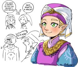  1boy 2girls age_progression blonde_hair english_text green_eyes large_nose link mask multiple_girls navi pointy_ears princess_zelda sheik smile solid_circle_eyes surprised the_legend_of_zelda the_legend_of_zelda:_ocarina_of_time the_legend_of_zelda:_ocarina_of_time_(remake) turban wanderjegson young_link young_zelda 