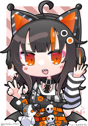  1girl :d ahoge animal_ear_headphones animal_ears arm_belt artist_name asymmetrical_sleeves bare_shoulders bat_wings belt belt_collar black_choker black_hair black_nails black_sweater border cat_ear_headphones cat_ears chibi choker collar commentary_request cowboy_shot cross-laced_clothes cross-laced_dress eyeball_hair_ornament fake_animal_ears headphones highres long_sleeves looking_at_viewer mahou_shoujo_no_majo_saiban multicolored_hair nail_polish off-shoulder_sweater off_shoulder open_mouth orange_eyes orange_nails orange_streaks pokedon_0723 sawatari_coco sharp_teeth shirt short_hair signature single_bare_shoulder skirt skirt_under_dress skull sleeveless sleeveless_shirt smile solo streaked_hair striped_sleeves stuffed_animal stuffed_cat stuffed_toy sweater teeth twitter_username w white_border white_shirt white_skirt wings 
