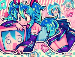  absurdres ahoge aqua_eyes aqua_hair aqua_trim blue_shirt blush boots border collage_(medium) colored_skin commentary crayonfriend eighth_note english_commentary figure fuwapuchi hachune_miku hair_ornament hairclip hatsune_miku highres looking_down monitor musical_note number_tattoo parallel_hairclips photo_inset purple_boots purple_skin purple_sleeves shirt smile star_(symbol) tattoo twintails vocaloid white_border 