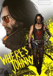  1boy absurdres artist_name beard black_hair black_tank_top brown_pants caffeinerogue commentary cyberpunk_(series) cyberpunk_2077 dog_tags english_commentary english_text facial_hair highres johnny_silverhand mechanical_arms multiple_views pants red-tinted_eyewear single_mechanical_arm smoking sunglasses tank_top tinted_eyewear 
