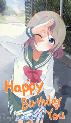  1girl :d ;d blush bow bowtie buttons chain-link_fence character_name commentary_request cowboy_shot dated day double-breasted fence grey_hair grey_sailor_collar grey_skirt grin happy_birthday highres light_particles long_sleeves looking_at_viewer love_live! love_live!_sunshine!! medium_hair miniskirt one_eye_closed outdoors pleated_skirt red_bow red_bowtie reitou_mkn sailor_collar salute school_uniform serafuku shingeki_no_kyojin shirt signature skirt smile solo uranohoshi_school_uniform watanabe_you white_shirt winter_uniform 