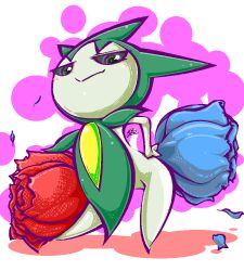  artist_name black_eyes blue_flower blue_rose blush closed_mouth commentary_request flower looking_at_viewer monster_girl plant_girl pokemon pokemon_(creature) pokemon_focus red_flower red_rose rose roselia_(pokemon) sanusanu signature smile solo white_background 
