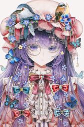 1girl bird blue_bow blue_butterfly blue_flower bow bowtie brooch bug butterfly closed_mouth commentary crescent crescent_hat_ornament dress flower flower_request hair_bow hair_flower hair_ornament hat hat_flower hat_ornament highres hourai_kiriri jewelry long_hair looking_at_viewer mob_cap monocle multiple_hair_bows patchouli_knowledge pink_dress pink_hat purple_hair red_bow red_bowtie smile solo star_(symbol) star_hair_ornament touhou upper_body violet_eyes 