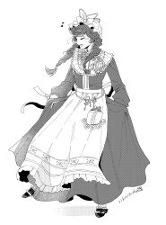  1girl absurdres apron artist_name braid bunny_bunny_(reverse:1999) closed_eyes commentary_request dress eighth_note full_body greyscale hat highres holding_own_dress key long_dress low_twin_braids mob_cap monochrome musical_note official_alternate_costume open_mouth reverse:1999 rikini_sushi singing solo standing twin_braids waist_apron waitress white_background 