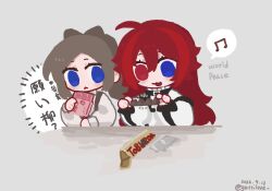  2girls :< :3 ???_(assault_lily) ahoge assault_lily beamed_eighth_notes belt black_belt blue_eyes bow-shaped_hair brown_hair candy chinese_commentary chocolate chocolate_bar commentary_request dated deformed eating food gatti_love grey_background hands_up heterochromia highres holding holding_chocolate holding_food ichinomiya_michaela_himari long_hair long_sleeves looking_at_food looking_to_the_side ludvico_private_girls'_academy_school_uniform multiple_girls musical_note no_pupils open_mouth ponytail red_eyes school_uniform shirt sideways_glance simple_background smile speech_bubble spoken_musical_note suspenders translation_request twitter_username upper_body white_shirt 