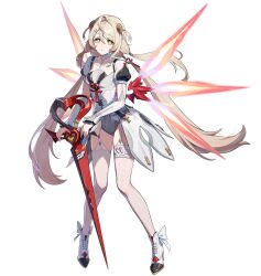  1girl ahoge bandaid_on_chest blonde_hair boots breasts detached_sleeves floating_hair full_body hair_between_eyes hair_ornament hairclip high_heel_boots high_heels highres long_hair long_sleeves official_art open_mouth parted_lips phoenix_reffaella shirt simple_background small_breasts solo standing thigh-highs transparent_background very_long_hair white_boots white_shirt white_thighhighs yellow_eyes zenless_zone_zero 