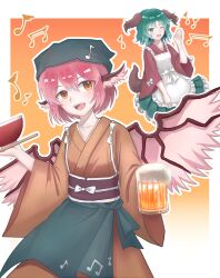  2girls absurdres alcohol alternate_costume animal_ears apron beer beer_mug bird_ears bird_wings blue_apron blue_headscarf brown_kimono brown_sash chinese_commentary commentary_request cup dog_ears dog_girl dog_tail frilled_skirt frills green_eyes green_hair green_skirt hair_between_eyes headscarf highres holding holding_cup japanese_clothes kasodani_kyouko kimono mug multiple_girls musical_note mystia_lorelei obi okamisty oldyazhi open_mouth orange_eyes pink_hair sash short_hair skirt smile tail tasuki touhou touhou_mystia's_izakaya waving white_apron wings 