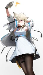  1girl absurdres ailushin animal_ears arknights arknights:_endfield arm_behind_head arm_up armpit_crease bird_ears bird_girl black_gloves black_pantyhose blonde_hair blue_eyes blush cellphone commentary dress dutch_angle english_commentary facing_to_the_side fortnite gloves highres holding holding_phone jacket light_smile long_hair looking_up off_shoulder open_clothes open_jacket pantyhose perlica_(arknights) phone selfie simple_background sleeveless sleeveless_dress smartphone solo two-sided_gloves white_background white_dress white_jacket yellow_gloves 