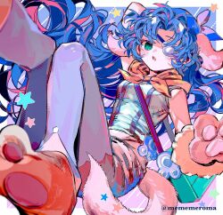  1girl absurdres animal_ears animal_hands aqua_bag aqua_eyes arm_behind_head arm_up bag blue_hair blue_hat brown_shorts commentary_request dog_ears dog_tail eyepatch fake_animal_ears fake_tail foot_out_of_frame gloves grey_pantyhose hat highres long_hair looking_at_viewer merumerumerume neckerchief orange_neckerchief pantyhose parted_lips paw_gloves paw_shoes puyopuyo puyopuyo_quest rulue_(dreamtint_thief)_(puyopuyo) rulue_(puyopuyo) shirt short_shorts shorts shoulder_bag sleeveless sleeveless_shirt solo star_(symbol) tail twitter_username very_long_hair white_shirt 