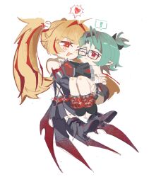  ! 2girls absurdres bare_shoulders black-framed_eyewear black_hairband black_shirt blonde_hair blush carrying carrying_person chibi claret_flint closed_mouth commentary detached_sleeves english_commentary eye_contact full_body glasses green_hair hair_intakes hair_ornament hair_ribbon hairband heart highres long_hair looking_at_another multicolored_hair multiple_girls open_mouth pointy_ears poong red_eyes red_ribbon red_streaks ribbon roxy_ifrita_pryce shirt simple_background spoken_heart streaked_hair twintails white_background yuri zenless_zone_zero 