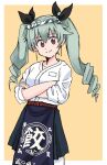  1girl anchovy_(girls_und_panzer) apron black_ribbon blue_apron border closed_mouth commentary crossed_arms drill_hair girls_und_panzer green_hair hachimaki hair_ribbon headband long_hair long_sleeves looking_at_viewer mutsu_(layergreen) pants red_eyes ribbon shirt simple_background smile solo standing twin_drills twintails waist_apron white_border white_pants white_shirt yellow_background 