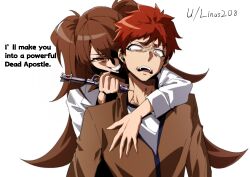  1boy 1girl absurdres blood brown_hair commentary dr._arach emiya_shirou english_commentary english_text evil_smile fate/stay_night fate_(series) from_behind hair_between_eyes highres holding holding_syringe idea_replica injection lab_coat linus208 long_hair long_sleeves open_mouth orange_eyes orange_hair red_hair scared shirt short_hair smile syringe talking tsukihime tsukihime_(remake) two_side_up type-moon white_background yellow_eyes 