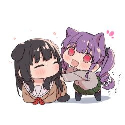  2girls :3 absurdres animal_ears bang_dream! bang_dream!_girls_band_party! black_hair black_socks brown_dress cat_ears cat_girl cat_tail chibi closed_eyes commentary dog_ears dog_girl dog_tail dress fang green_skirt grey_jacket haneoka_school_uniform highres jacket kanade_(kanade_3344) kemonomimi_mode long_hair multiple_girls neck_ribbon no_mouth no_pupils open_mouth pleated_dress pleated_skirt purple_hair red_eyes red_ribbon ribbon sailor_collar sailor_dress school_uniform shirokane_rinko sidelocks simple_background skin_fang skirt socks tail tail_wagging twintails udagawa_ako white_background white_sailor_collar 