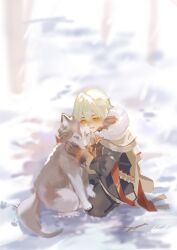  1boy ahoge alyosha_(genshin_impact) animal animal_ears animal_focus animal_nose bare_tree black_fur black_gloves black_pants black_shirt blue_eyes blue_jacket blurry blurry_background blush branch bullet cape commentary day dog dog_ears dog_tail earmuffs freckles fur-trimmed_cape fur_trim genshin_impact gloves green_hair grey_cape hair_between_eyes hands_up heavy_breathing highres hood hooded_cape husky jacket long_sleeves looking_at_animal male_focus momonnga03 on_one_knee open_mouth outdoors pants paw_print pet petting red_ribbon ribbon shadow shirt short_hair signature sky smile snow stick sunlight tail tree tugarin_(genshin_impact) turtleneck turtleneck_shirt two-tone_fur untranslatable_commentary white_fur white_sky winter yellow_eyes 