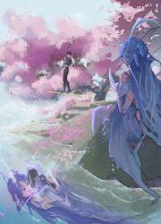  1boy 1girl absurdres bare_shoulders black_hair blue_hair body_pillow cherry_blossoms commentary covered_navel dress earrings fiery_horns floating floating_object floating_sword floating_weapon forehead_tattoo hair_ornament hair_stick highres horns jacket jewelry loktar456 long_hair looking_at_another male_rover_(wuthering_waves) pillow qingxiao_(wuthering_waves) rover_(wuthering_waves) sitting sword tattoo thigh-highs weapon white_dress white_thighhighs wuthering_waves 