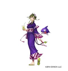  1girl bracelet character_request copyright_notice cup drinking_straw glasses green_hair highres holding holding_cup horns japanese_clothes jewelry kimono obi oshiro_project:re pointy_ears purple_kimono purple_sash sash solo unworn_eyewear white_background white_horns z-ton 
