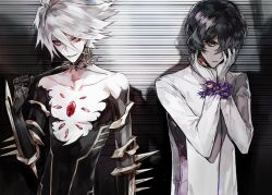  2boys arjuna_(fate) asian_indian_clothes black_hair bound bound_wrists brothers chest_jewel choker dark-skinned_male dark_skin eyeshadow eyeshadow_under_eye fate/grand_order fate_(series) gloves hair_between_eyes hair_over_one_eye karna_(fate) looking_at_viewer makeup male_focus mo_(mocopo) multiple_boys open_mouth red_eyeshadow short_hair siblings smile spiked_choker spikes upper_body 