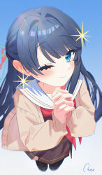  1girl ;) blue_eyes blue_hair brown_cardigan brown_dress cardigan commentary_request dress foreshortening from_above full_body hair_intakes half_updo hasu_no_sora_school_uniform highres interlocked_fingers long_sleeves looking_at_viewer love_live! love_live!_hasu_no_sora_jogakuin_school_idol_club murano_sayaka neckerchief one_eye_closed open_cardigan open_clothes own_hands_clasped own_hands_together red_neckerchief reitou_mkn sailor_collar sailor_dress school_uniform signature smile solo virtual_youtuber white_sailor_collar winter_uniform 