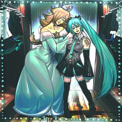  2girls aqua_dress aqua_hair aqua_necktie bare_shoulders belt black_shoes black_skirt black_thighhighs blonde_hair blue_nails blush breasts brooch collarbone collared_shirt commentary crossover crown detached_sleeves dress earrings english_commentary full_body hair_between_eyes hair_over_one_eye hands_on_another's_shoulders hatsune_miku high_heels highres jewelry long_hair long_sleeves medium_breasts multiple_girls necktie off-shoulder_dress off_shoulder rayshellart rosalina shirt shoes skirt sleeveless sleeveless_shirt star_(symbol) star_brooch star_earrings super_mario_bros. thigh-highs twintails very_long_hair vocaloid 