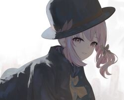  1boy absurdres akiyama_mizuki backlighting black_coat black_hat bow bowtie check_copyright coat commentary_request copyright_request drill_hair from_side grin hair_bow hat highres hoshinoan long_hair looking_at_viewer pink_eyes pink_hair portrait project_sekai simple_background smile solo white_background yellow_bow yellow_bowtie 