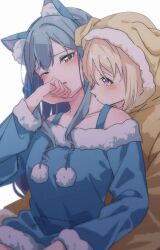  2girls animal_ear_hairband animal_ears aotsubaki_toto bang_dream! bang_dream!_it's_mygo!!!!! blonde_hair blue_hair blue_shirt blush cat_ear_hairband cat_ears fake_animal_ears hairband highres hood hood_up kiss kissing_neck long_hair long_sleeves misumi_uika multiple_girls off_shoulder one_eye_closed shirt simple_background sweatdrop togawa_sakiko violet_eyes white_background yuri 